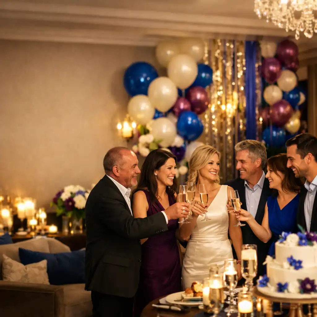 Invités souriants lors d'une fête d'anniversaire élégante dans un salon privé