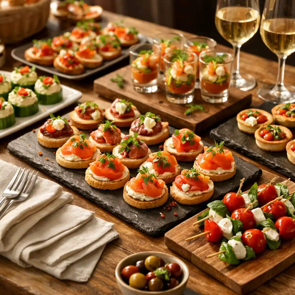 Buffet gastronomique avec canapés, finger food et verres à vin