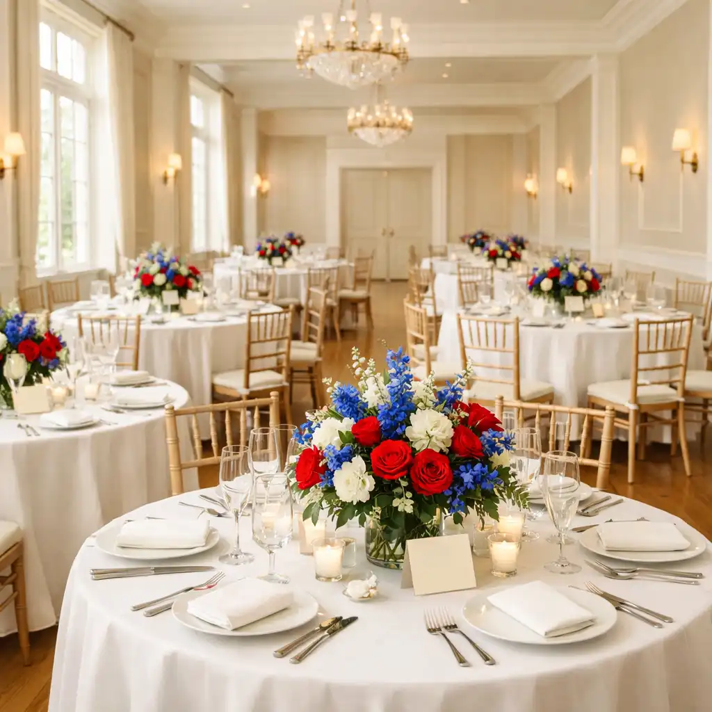 Salle de réception élégante avec tables rondes dressées et grandes fenêtres