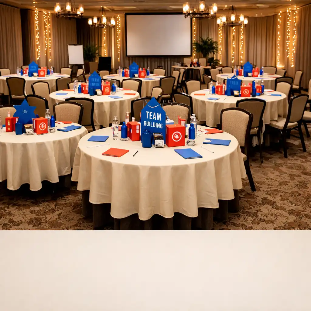 Espace événementiel élégant préparé pour un team building avec tables rondes et décorations