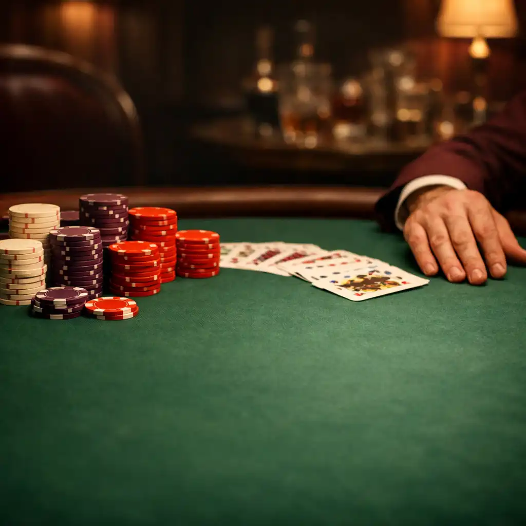 Table de poker professionnelle en feutrine verte avec jetons et cartes dans une ambiance de club privé