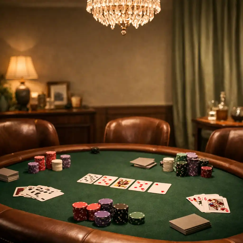 Table de poker dans un salon privé élégant avec cartes, jetons et fauteuils en cuir