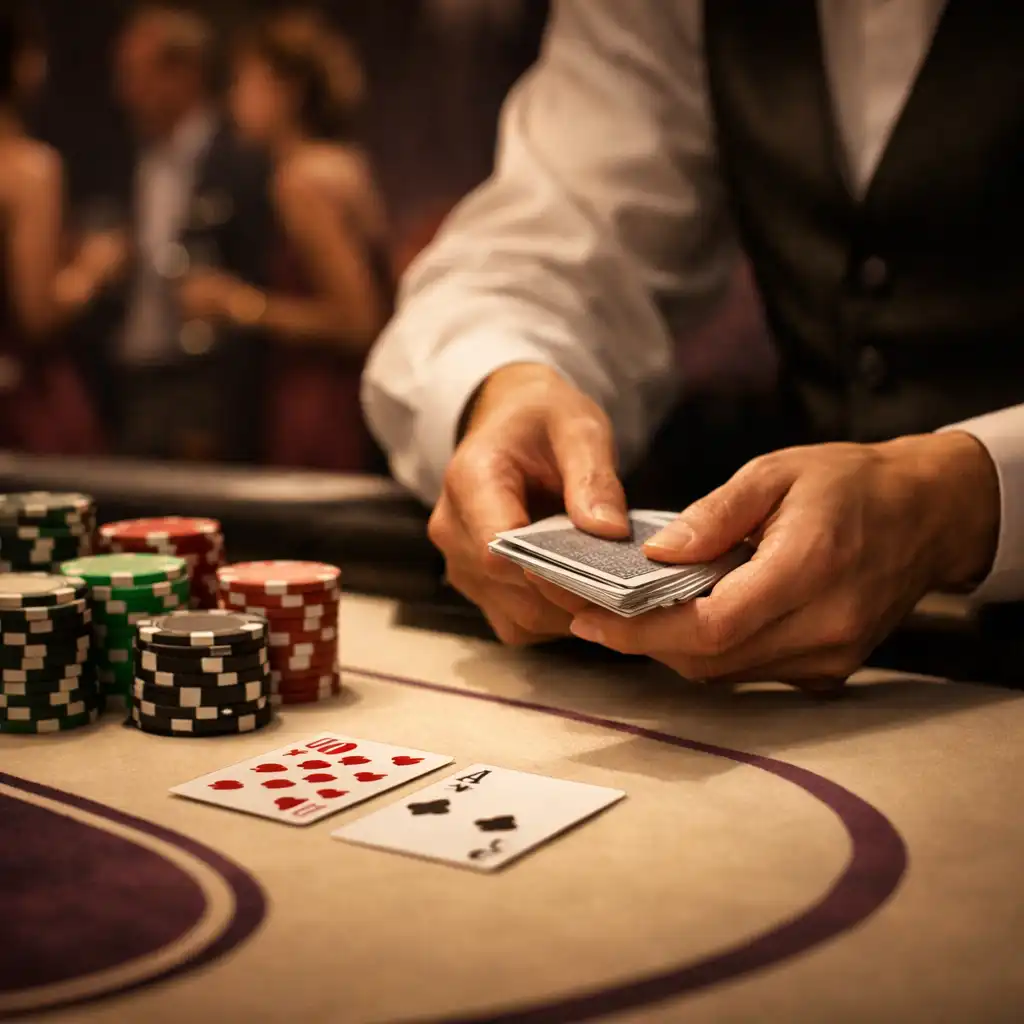 Gros plan sur les mains d’un croupier distribuant des cartes sur une table de poker professionnelle