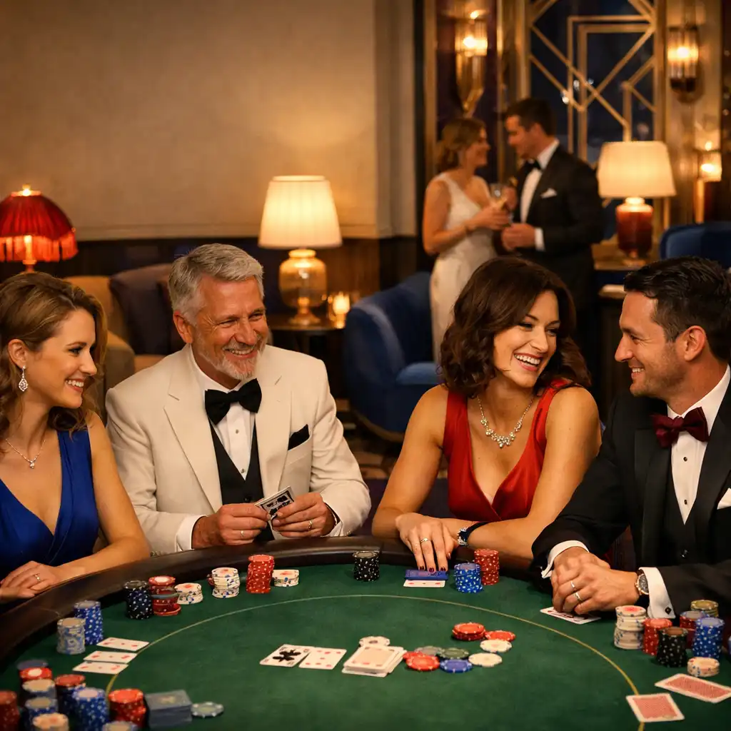 Table de poker élégante entourée d’invités souriants lors d’une soirée thématique privée