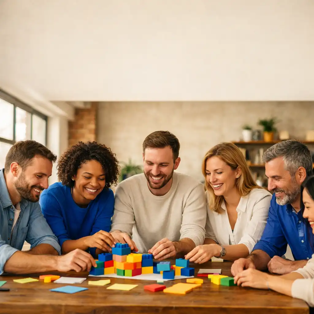 Groupe de collègues participant à un atelier de team building dans un loft moderne