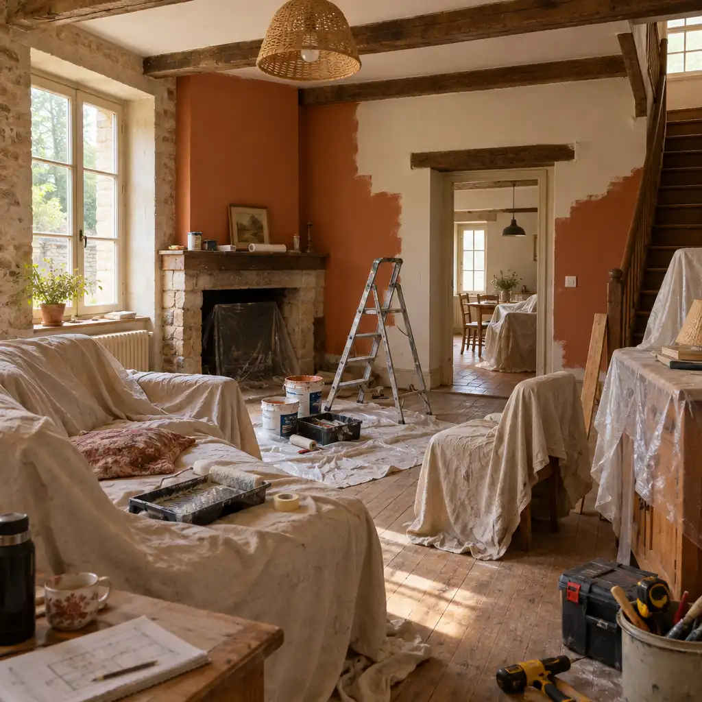 Intérieur d'une maison ancienne en rénovation, murs partiellement peints et outils de bricolage
