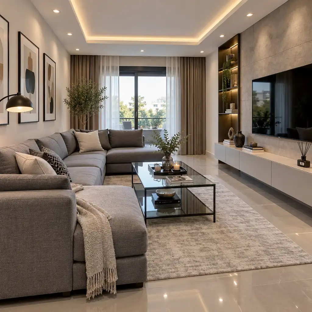 Salon moderne rénové avec canapé gris et table basse en verre