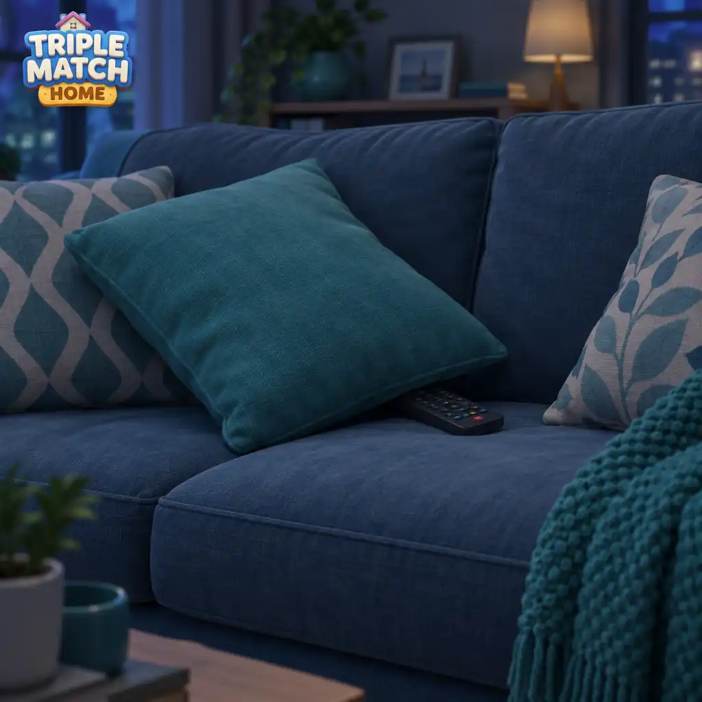 Salon avec un canapé et une télécommande partiellement visible sous un coussin